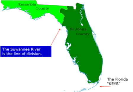 Graphic map of Florida showing Escambia County and Saint John’s County separated by the Suwannee River as well as the Florida
